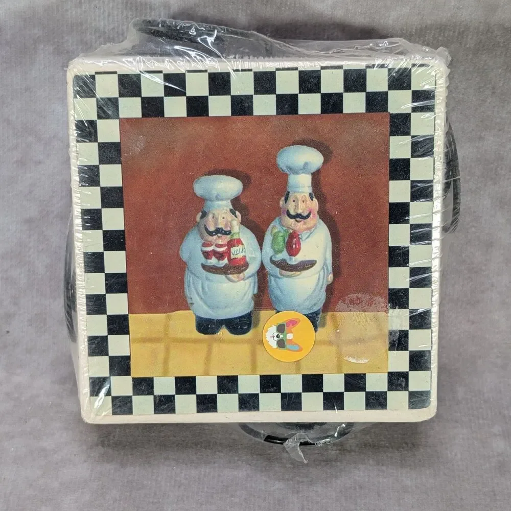 Italian Fat Chef Ceramic Stone Drink Coasters Set of 4 Metal Caddy Holder Sealed